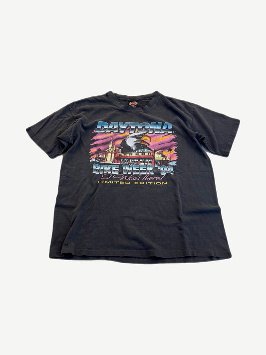 Vintage faded black Harley Davidson Daytona Bike Week 94 tee with eagle and clock tower limited edition print