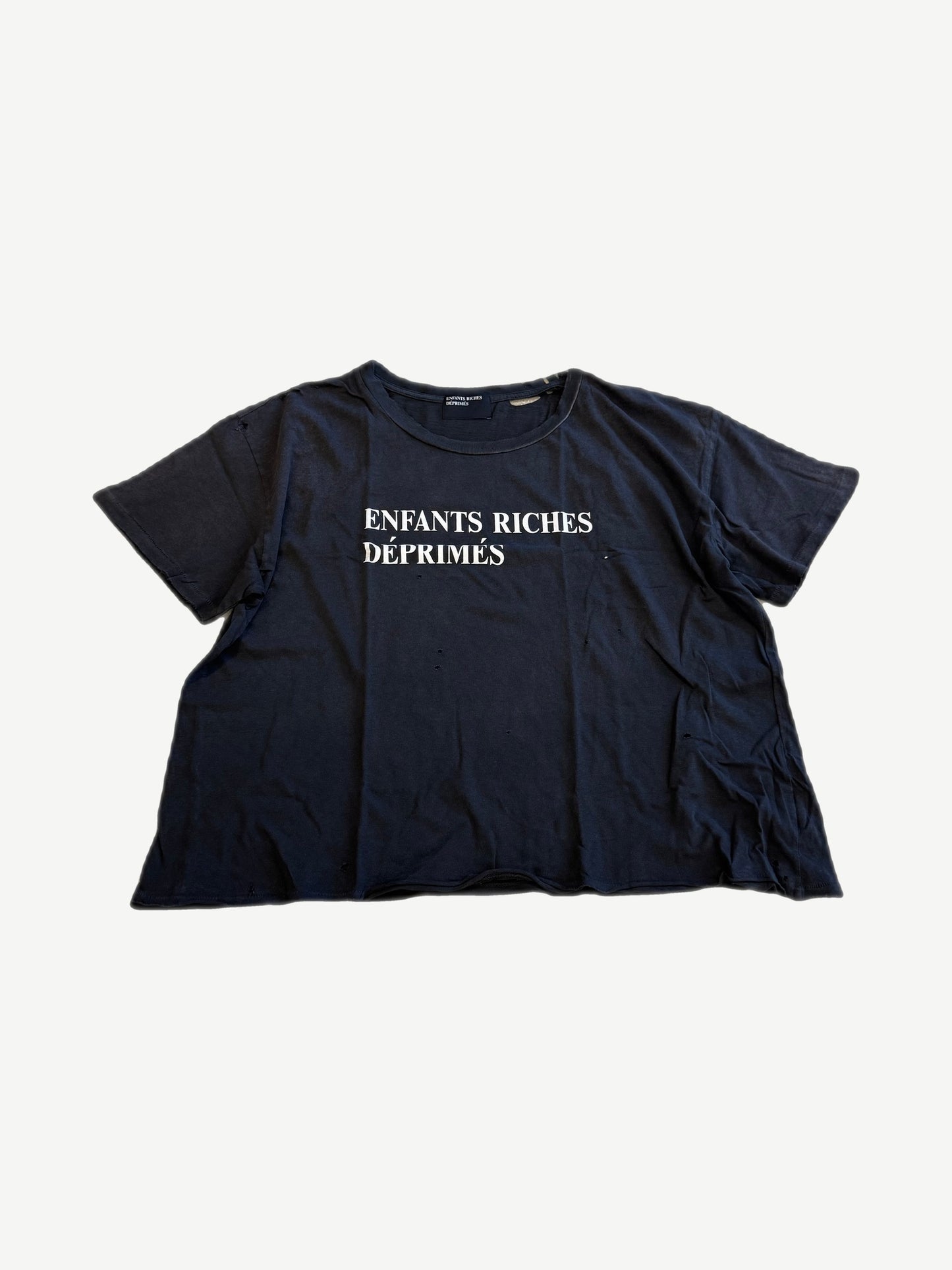 Enfants Riches Deprimes antique black distressed tee with white classic logo and scattered worn holes