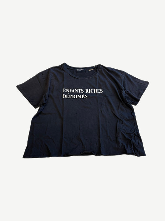 Enfants Riches Deprimes antique black distressed tee with white classic logo and scattered worn holes