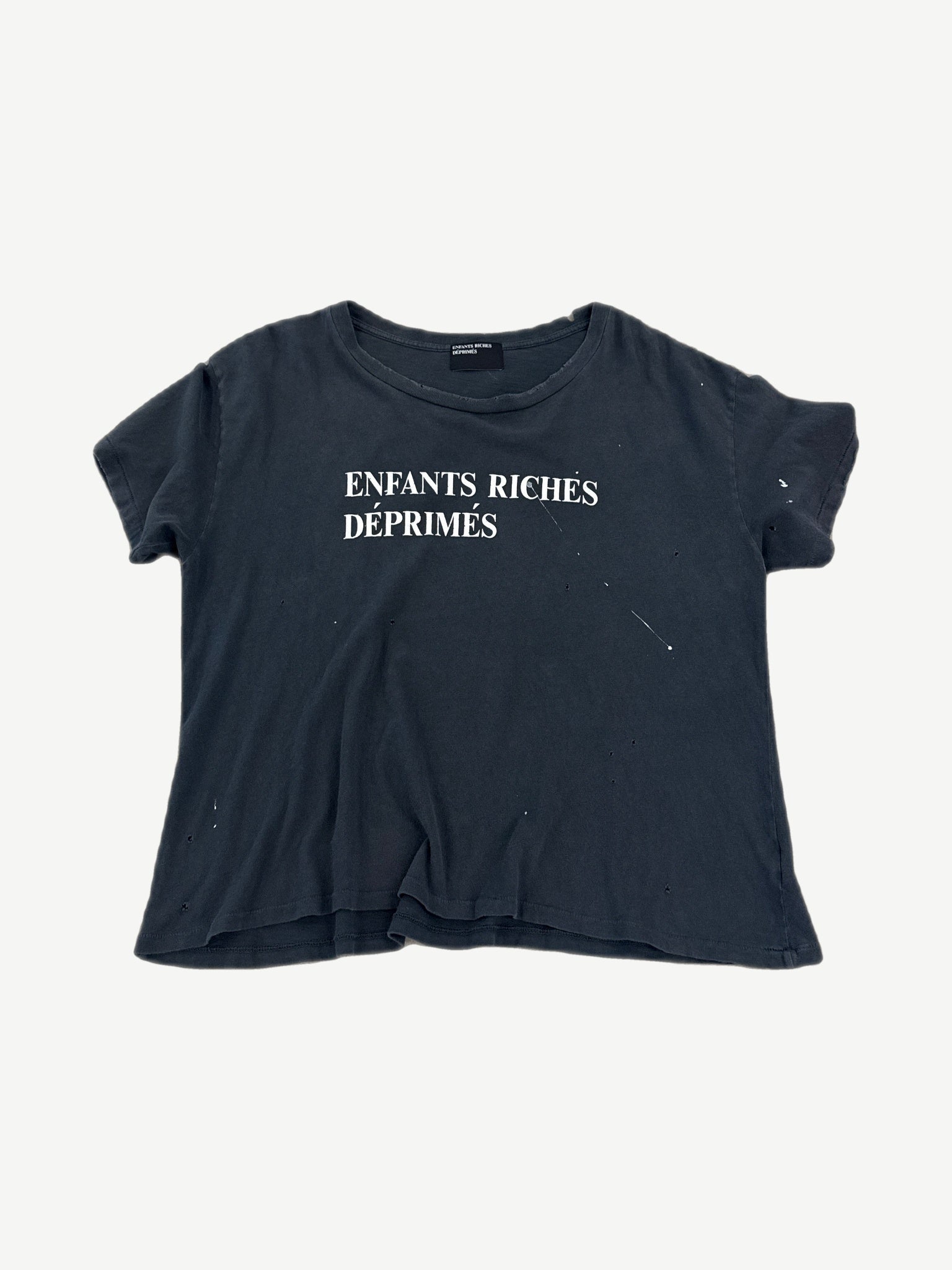 Enfants Riches Deprimes faded gray distressed logo tee with cracked ERD chest print and worn hems.