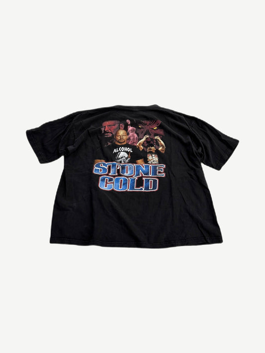 Vintage Stone Cold Steve Austin WWE black tee with collage portrait print and blue Stone Cold block text