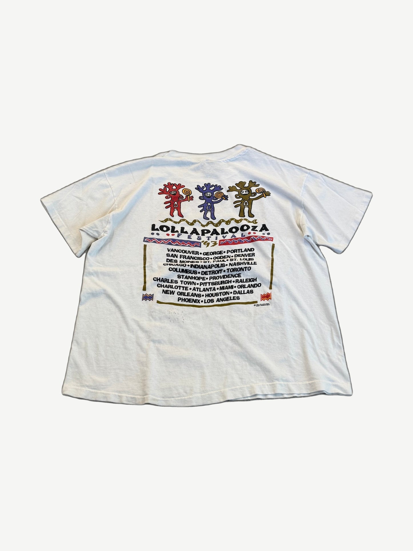 Back of vintage Lollapalooza festival tour tee with tour date listings and tonal logo print on cotton.