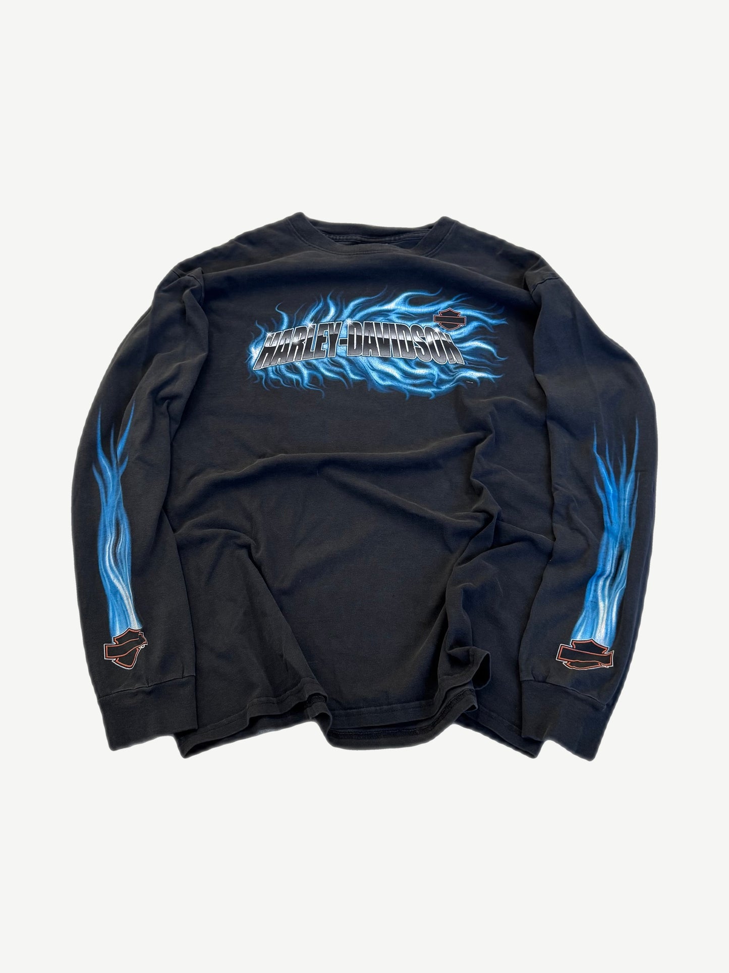 Vintage Harley-Davidson blue flame longsleeve, white tee with sleeves of flame graphic print