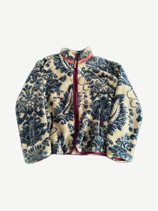 Kapital damask blue and cream printed fleece zip jacket with red trim and bandana style baroque pattern.