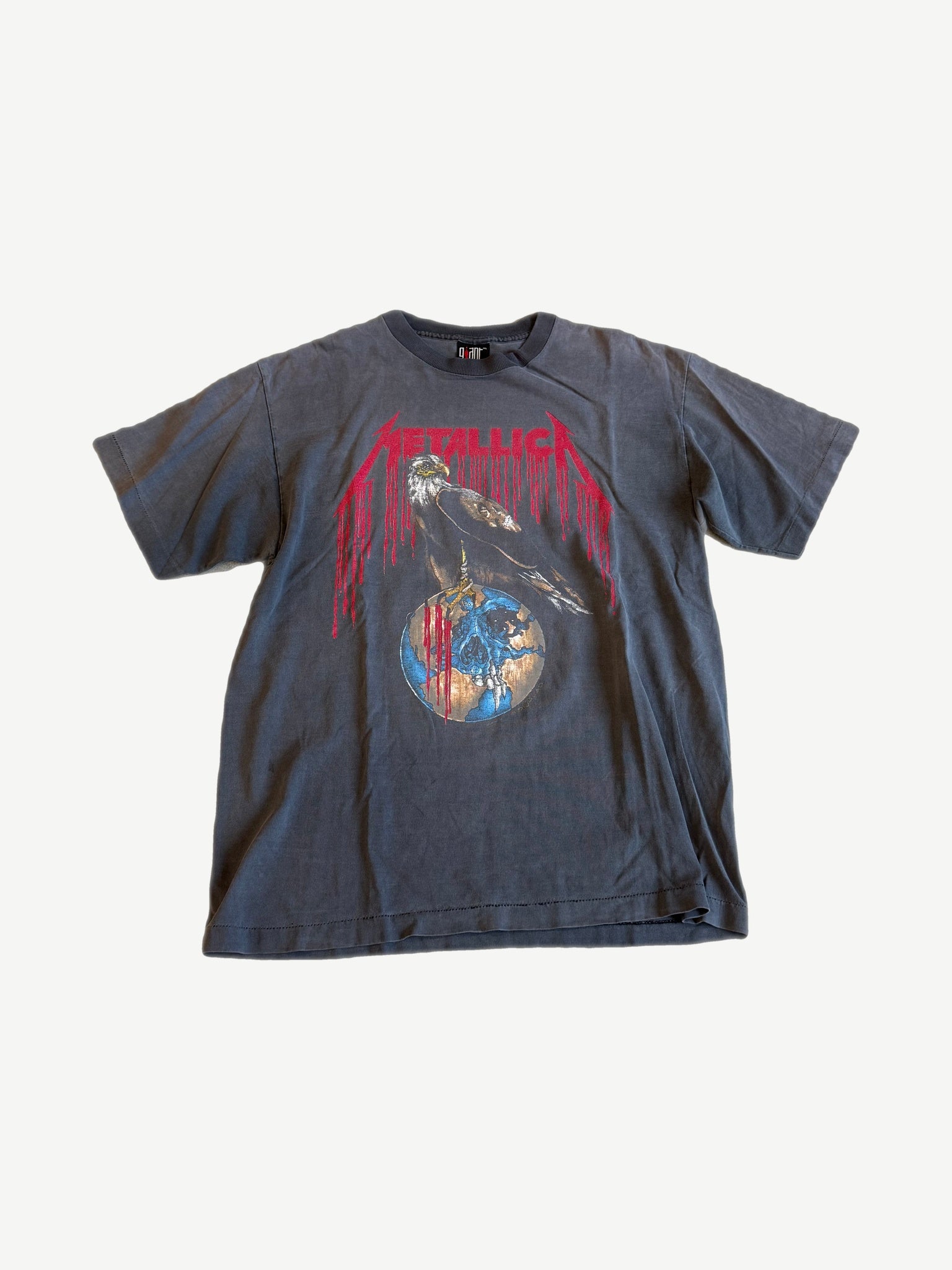 Vintage Metallica Pushead Nowhere Else to Roam tour tee, faded grey with eagle skull globe graphic