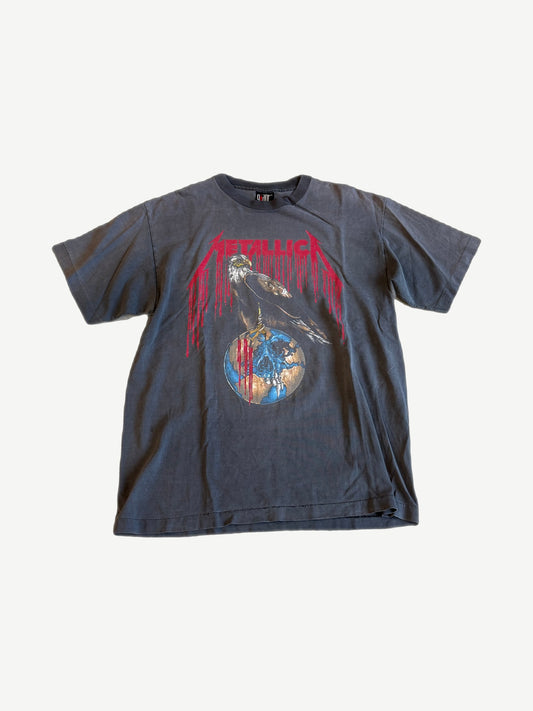 Vintage Metallica Pushead Nowhere Else to Roam tour tee, faded grey with eagle skull globe graphic