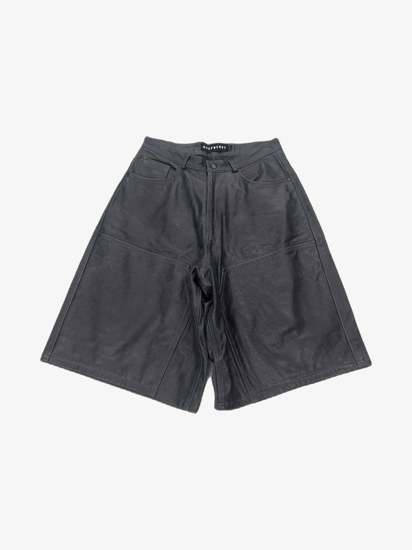GV Gallery Raspberry Hills black leather shorts front, drawstring waist and smooth glossy finish
