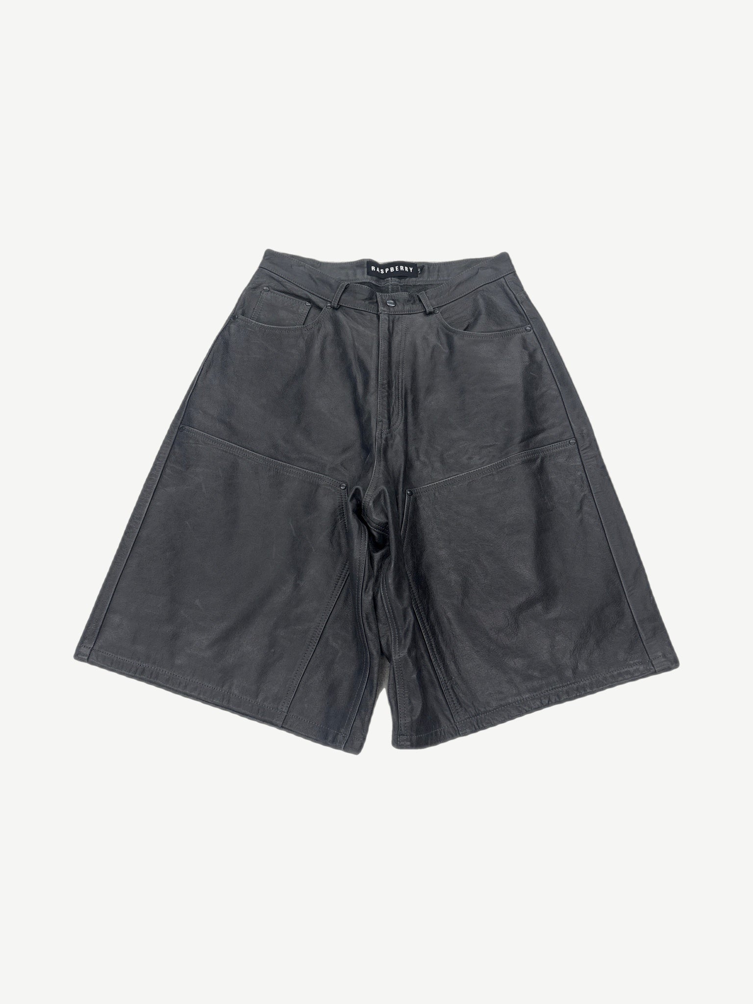 GV Gallery Raspberry Hills black leather shorts front, drawstring waist and smooth glossy finish