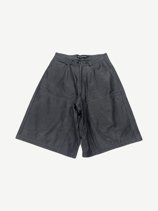 GV Gallery Raspberry Hills black leather shorts front, drawstring waist and smooth glossy finish