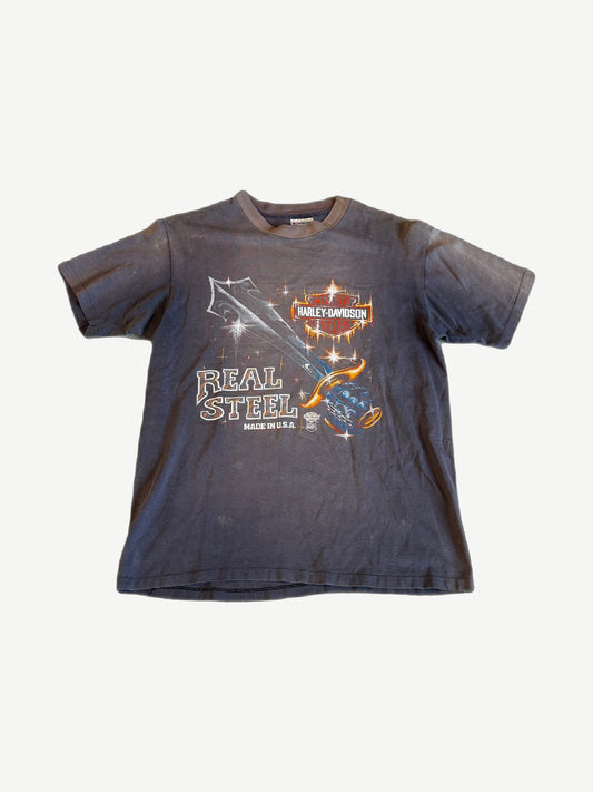 Vintage Harley-Davidson Real Steel tee front in faded charcoal with sword graphic and orange Made in USA print