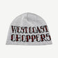 West Coast Choppers vintage beanie top view showing folded cuff and knit ribbed construction.