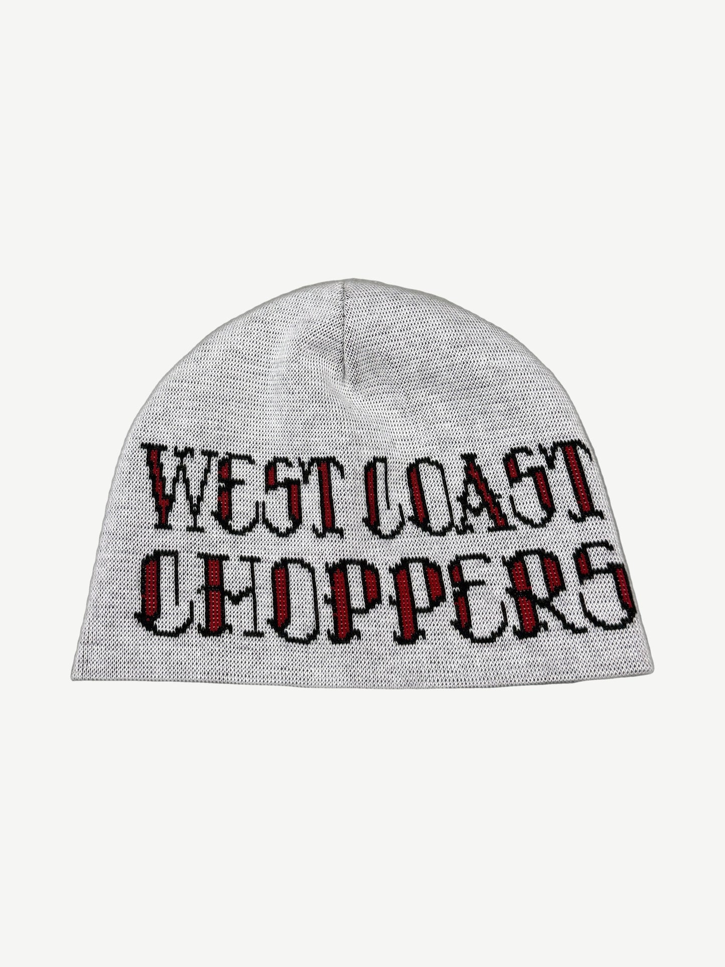 West Coast Choppers vintage beanie top view showing folded cuff and knit ribbed construction.