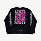 Chrome Hearts black dagger eyechart crewneck back, large purple floral print across full panel