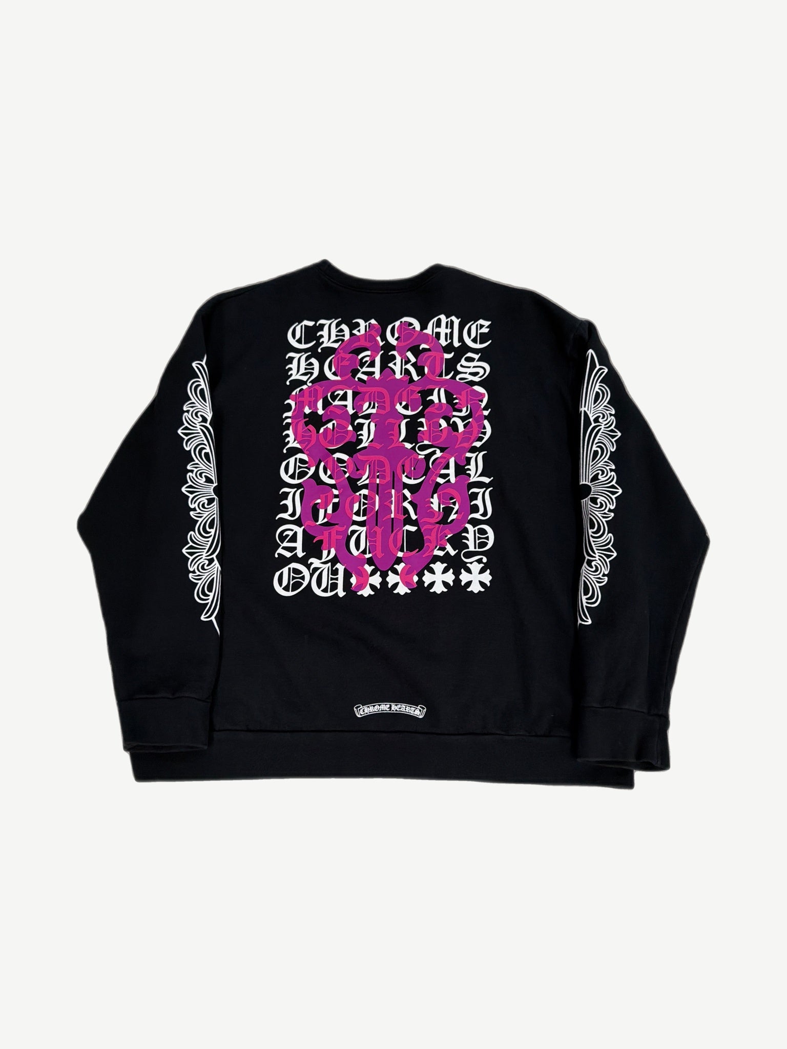 Chrome Hearts black dagger eyechart crewneck back, large purple floral print across full panel