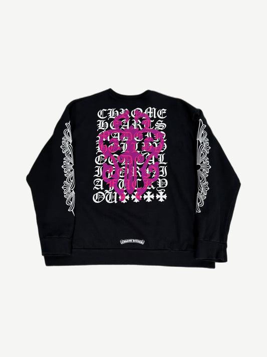 Chrome Hearts black dagger eyechart crewneck back, large purple floral print across full panel