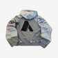 Protocol Index grey reconstructed zip-up back with large black A logo and distressed thrashed paneling throughout