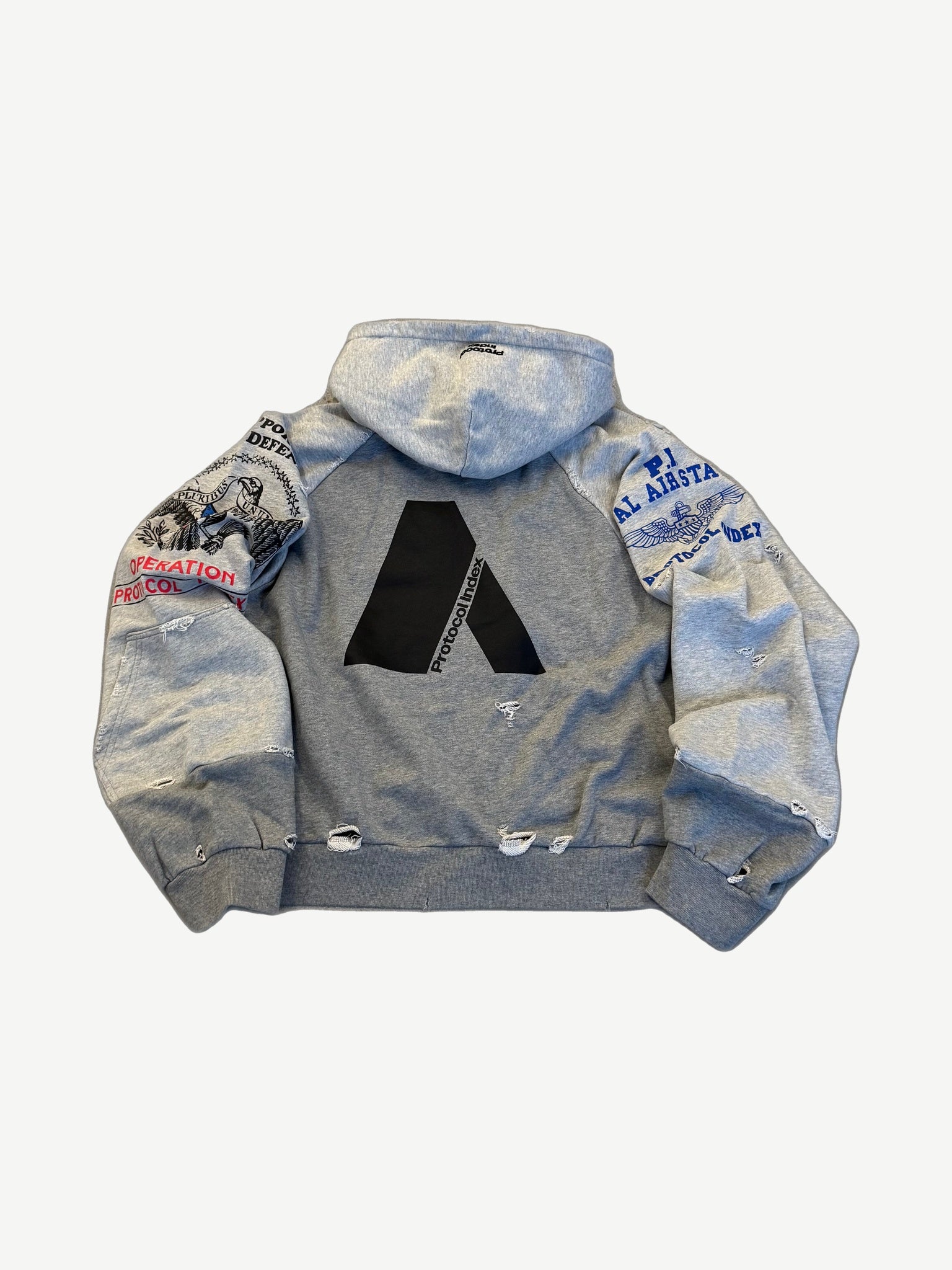 Protocol Index grey reconstructed zip-up back with large black A logo and distressed thrashed paneling throughout