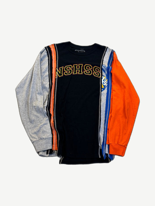 Needles Rebuild 7 Cuts patchwork longsleeve tee constructed from reassembled vintage tee panels in mixed colors.