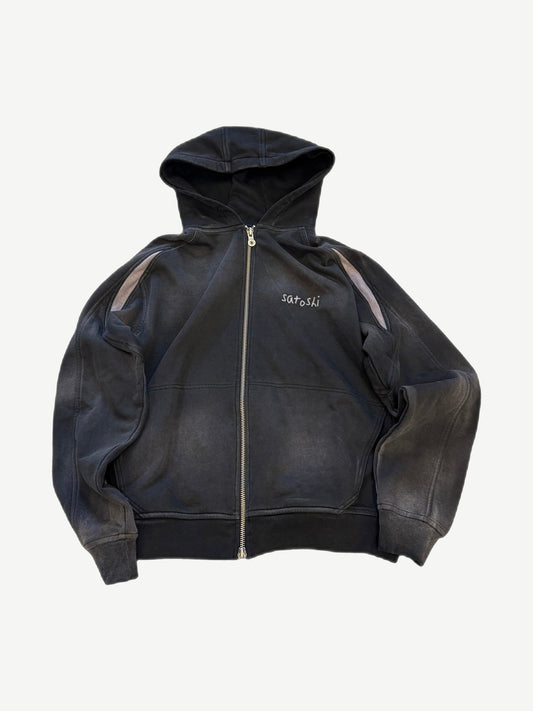 Satoshi Nakamoto sun-faded washed black full zip hoodie front with embroidered satoshi script chest logo, cutout shoulders.