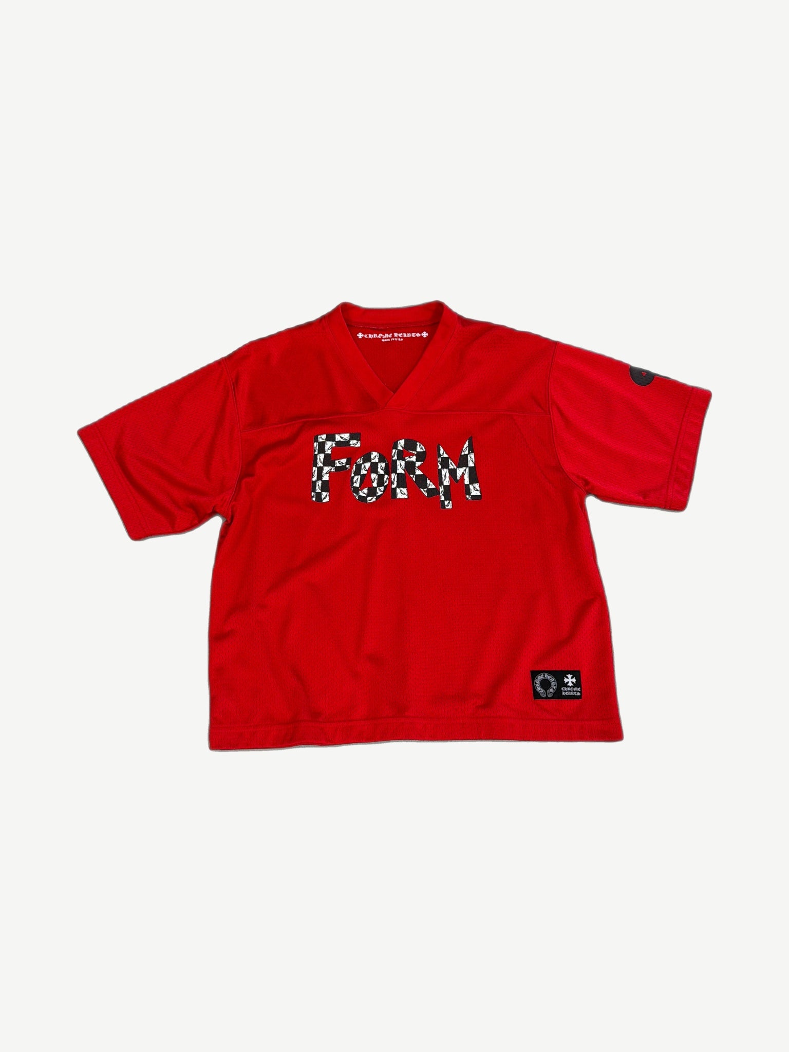 Chrome Hearts Matty Boy red mesh jersey front with checkered FORM appliqué across chest and patch labels