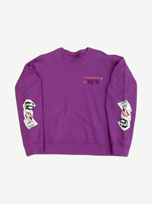 Chrome Hearts Matty Boy purple I Want More crewneck with horseshoe logo and pink heart graphic