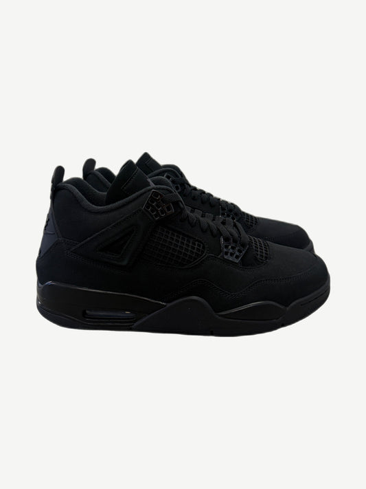 Air Jordan 4 Black Cat 2025 sneakers in tonal black nubuck with mesh side panels and tonal eyelets, side profile
