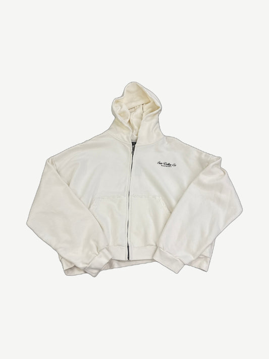 GV Gallery Raspberry Hills white Sun Valley zip hoodie front with chest script logo and full zip