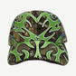 Living Product Man Vs Nature cap in brown camo with green and blue tribal antler embroidery across crown and brim