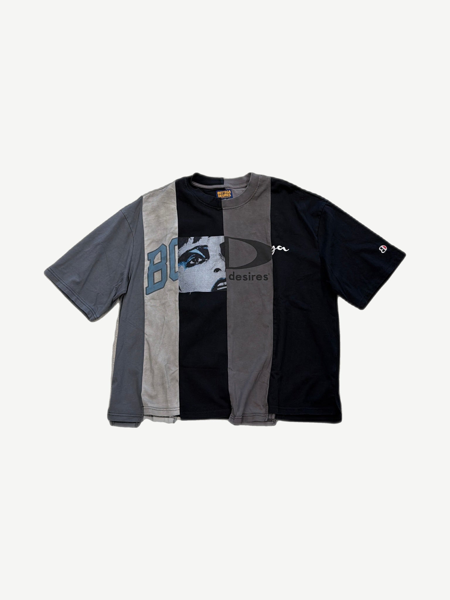 Bottega Desires Ransom tee with paneled black grey and beige vertical stripes and collaged face graphic
