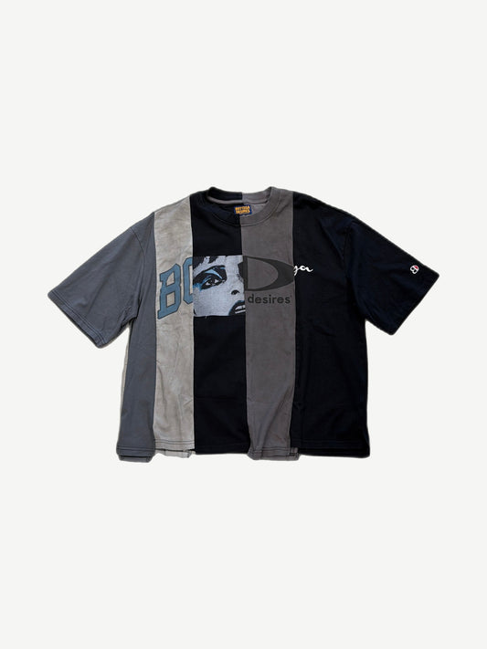 Bottega Desires Ransom tee with paneled black grey and beige vertical stripes and collaged face graphic
