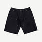 Chrome Hearts black canvas carpenter shorts front view with silver cross button hardware and double-knee panels