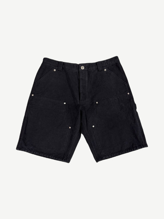 Chrome Hearts black canvas carpenter shorts front view with silver cross button hardware and double-knee panels