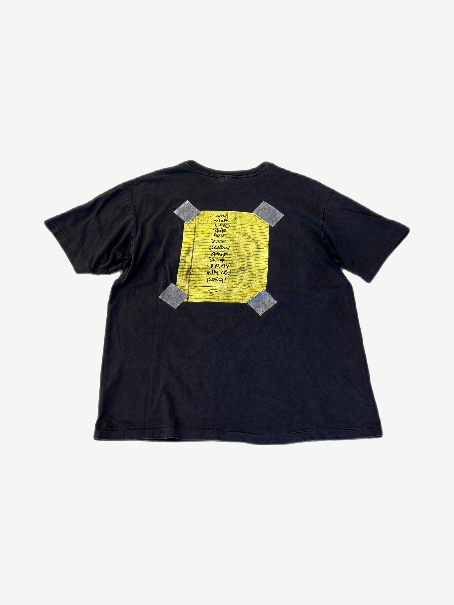 Back of vintage Pearl Jam Alive tee with taped yellow setlist note graphic printed center back