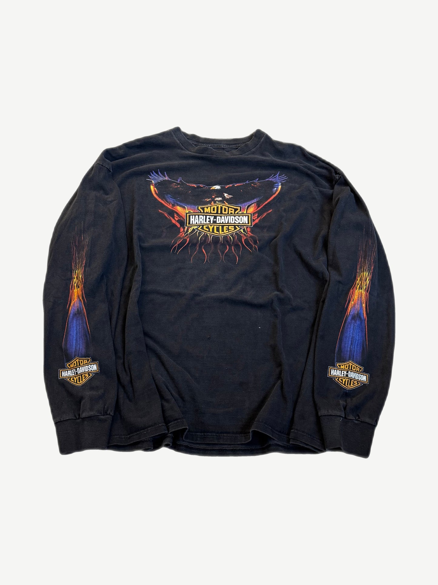 Vintage Harley Davidson black longsleeve front with flaming eagle over center bar and shield logo print