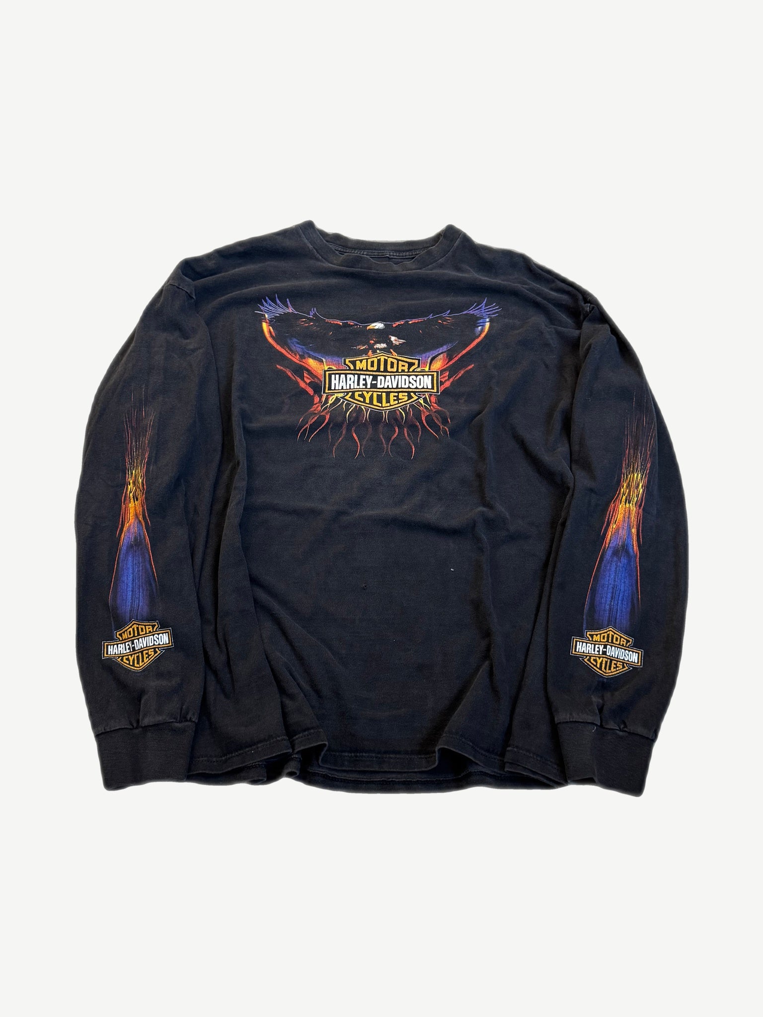 Vintage Harley Davidson black longsleeve front with flaming eagle over center bar and shield logo print
