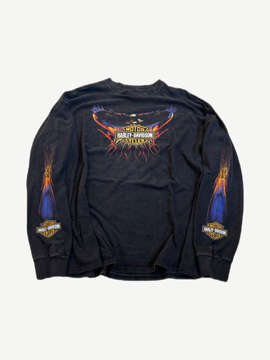 Vintage Harley Davidson black longsleeve front with flaming eagle over center bar and shield logo print