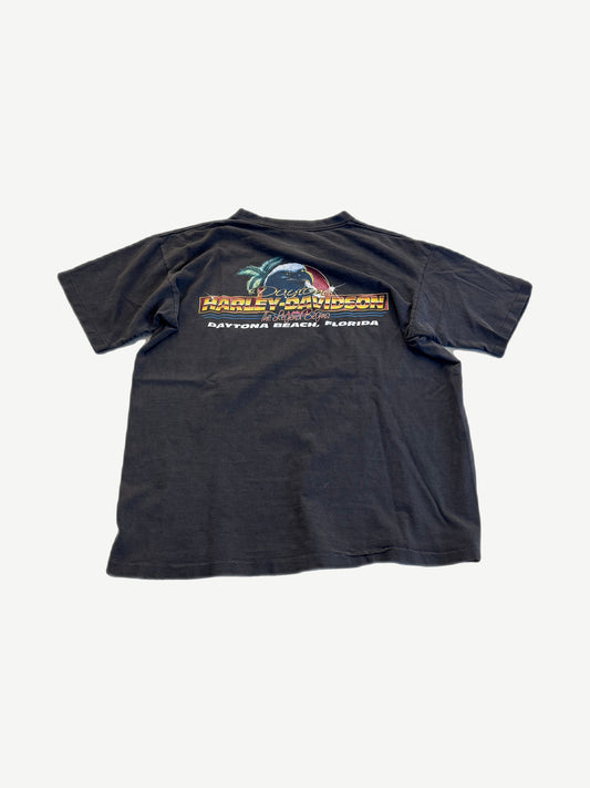 Back of vintage Harley Davidson tee with Daytona Beach Florida The Legend Begins eagle and palm tree graphic
