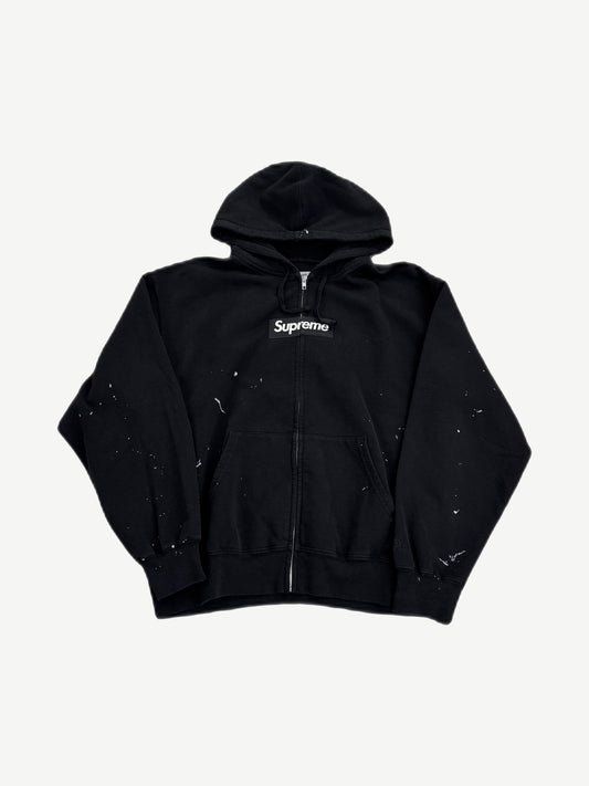 Supreme MM6 Maison Margiela black zip hoodie front view with red box logo on chest panel.