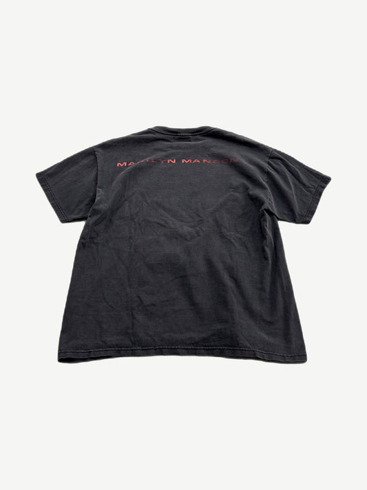 Vintage Marilyn Manson faded black tee back with red distressed band name print across shoulders.