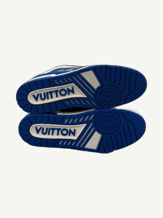Louis Vuitton blue Trainer sneakers outsole view showing blue rubber sole with white Vuitton logo plate