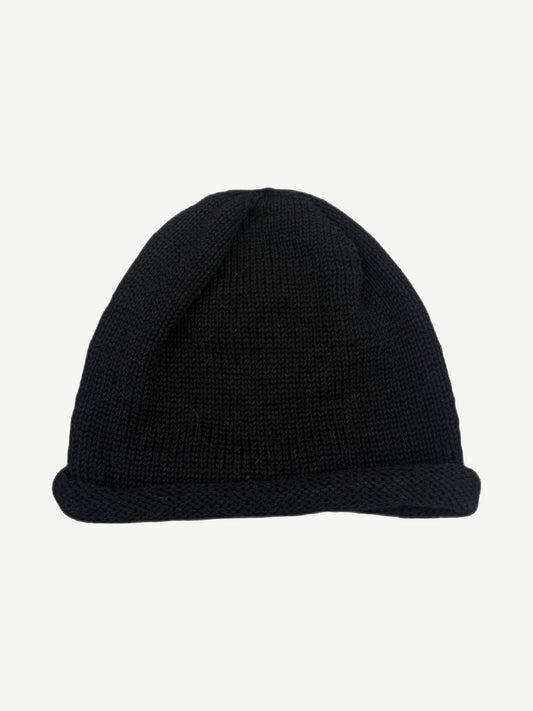 Chrome Hearts black cashmere beanie back view, ribbed knit with signature CH branding at hem