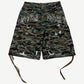 Bottega Desires green woodland camo distressed cargo shorts front view with side flap pockets and raw hem
