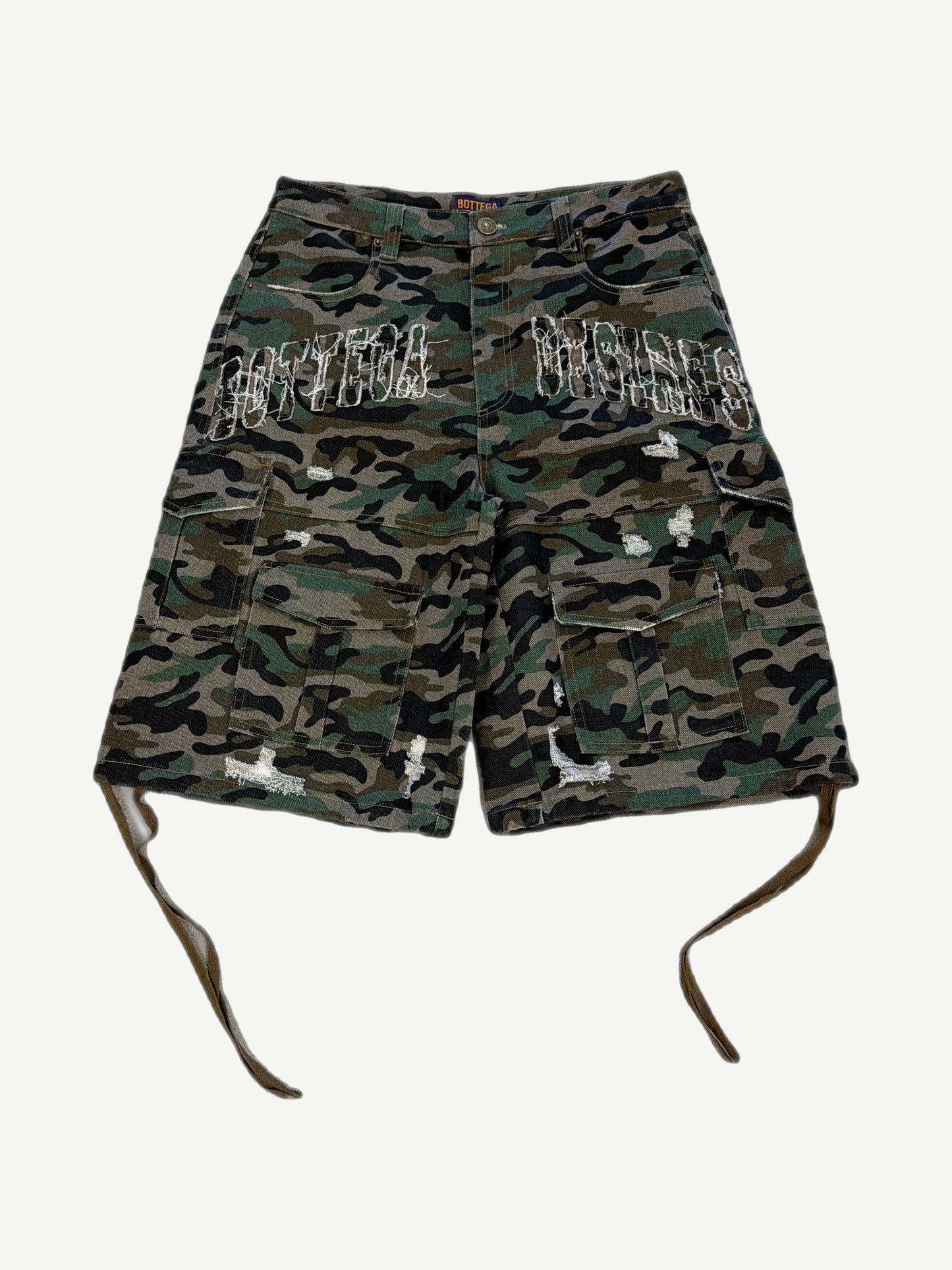 Bottega Desires green woodland camo distressed cargo shorts front view with side flap pockets and raw hem