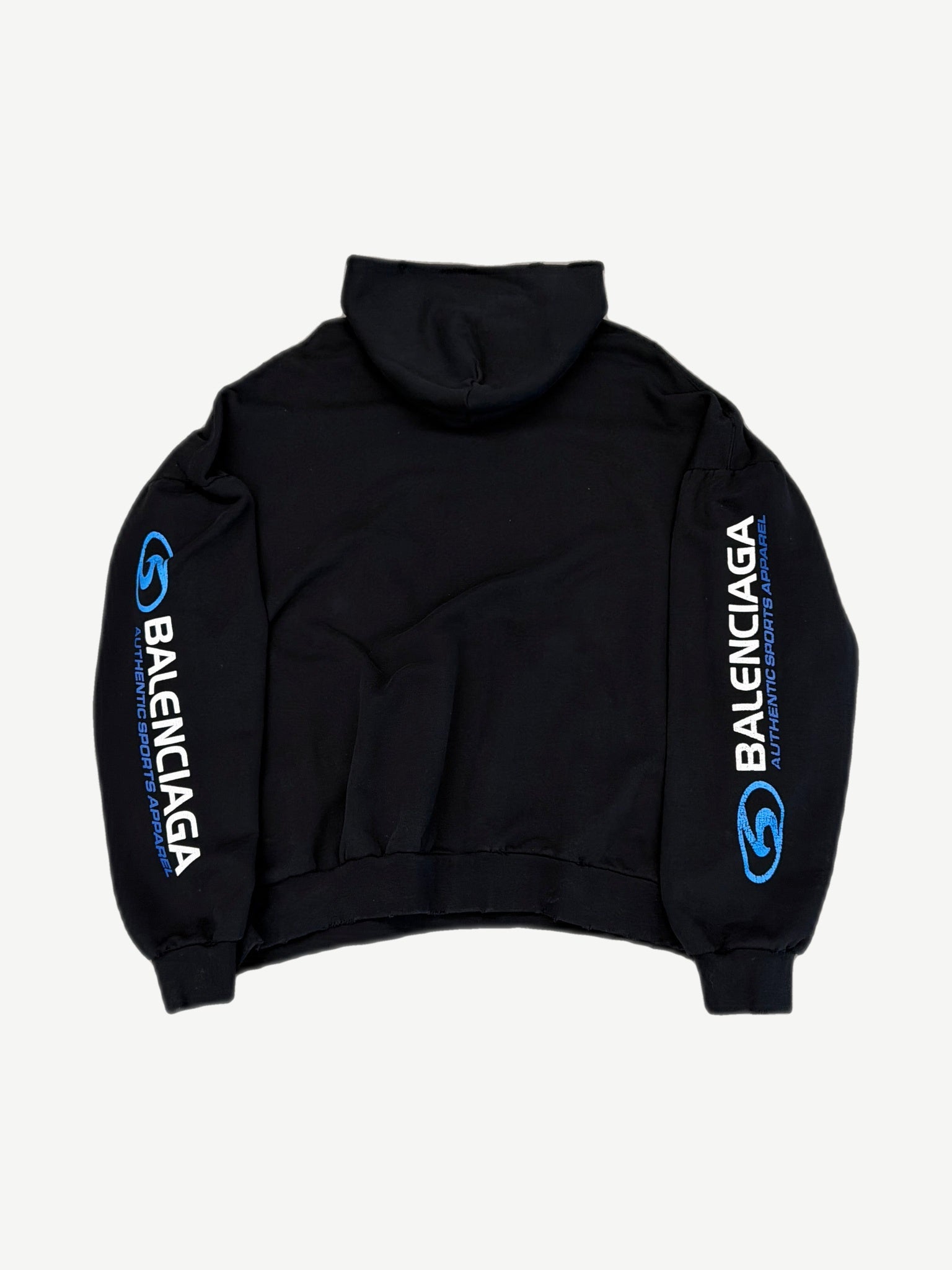 Balenciaga black surfer logo hoodie rear view with vertical sleeve Balenciaga Authentic Sports Apparel prints
