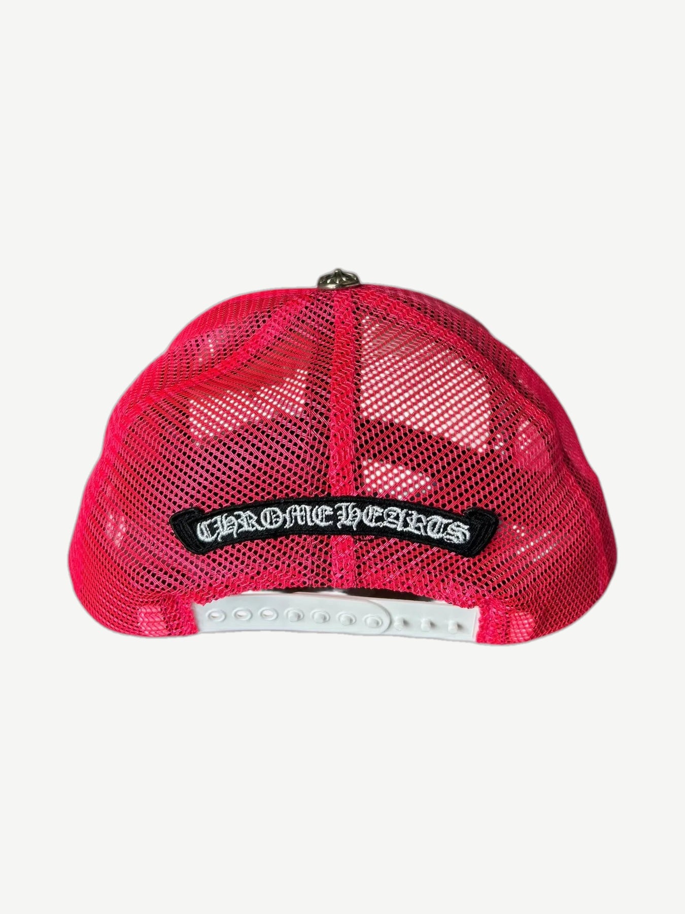 Chrome Hearts pink mesh trucker hat rear view with gothic Chrome Hearts logo patch and snapback closure