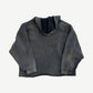 Satoshi Nakamoto black distressed V cut hoodie back view showing raw hood and distressed seam panel