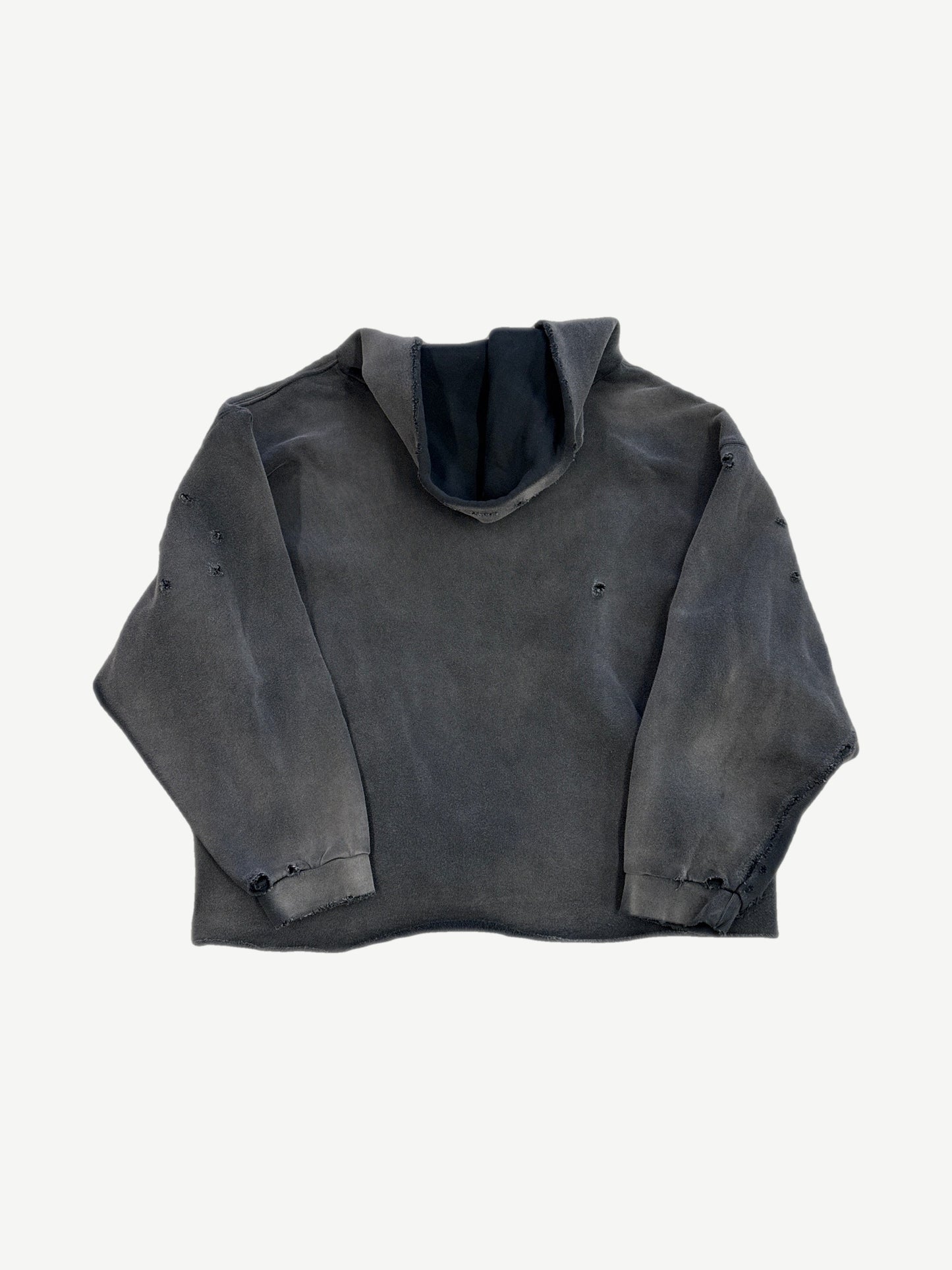Satoshi Nakamoto black distressed V cut hoodie back view showing raw hood and distressed seam panel