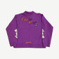 Chrome Hearts Matty Boy purple long sleeve polo back view with I Want More graphic and Old English script.