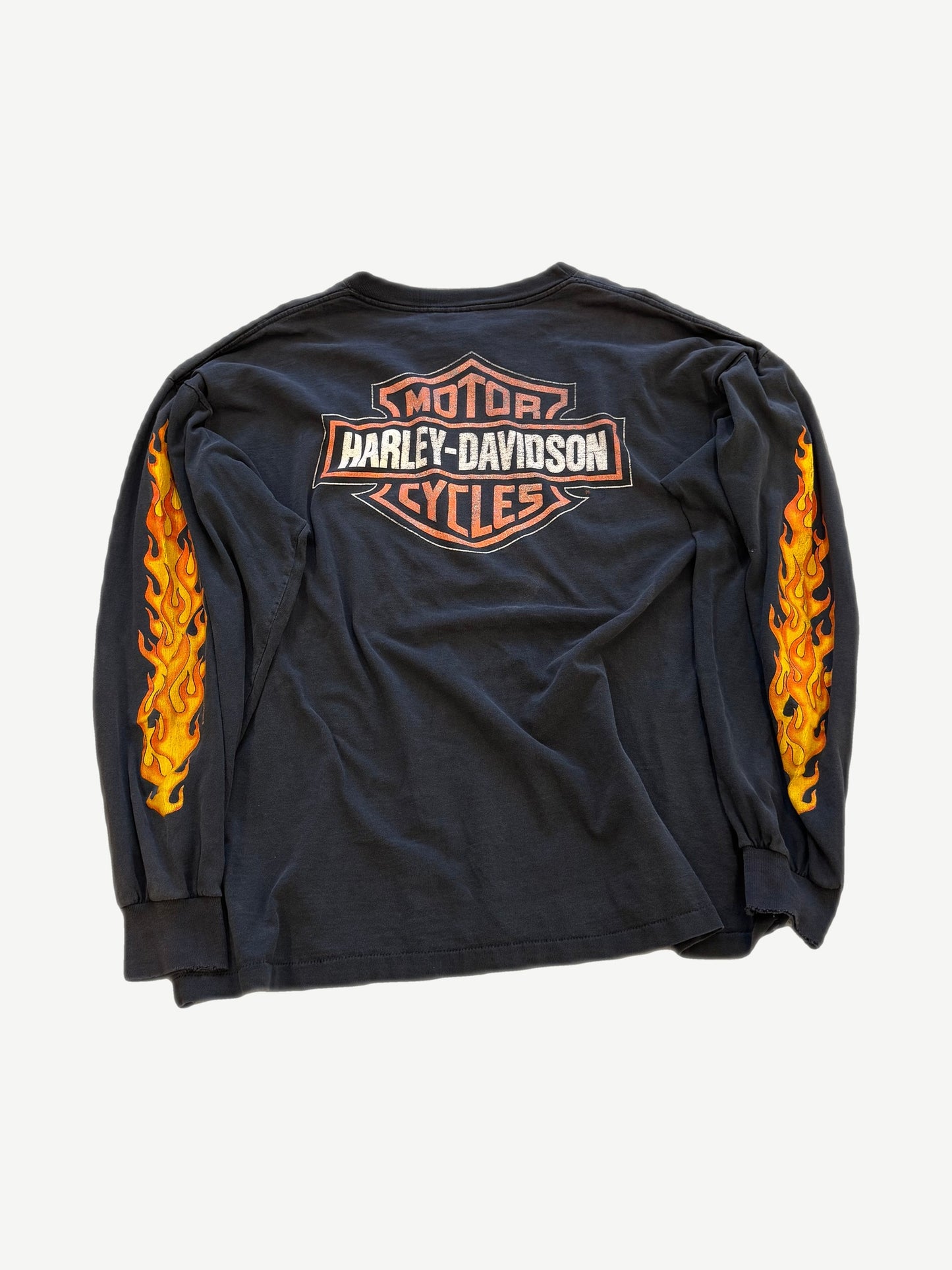 Harley Davidson black longsleeve back with bar and shield Motor Cycles logo and orange flame sleeve panels
