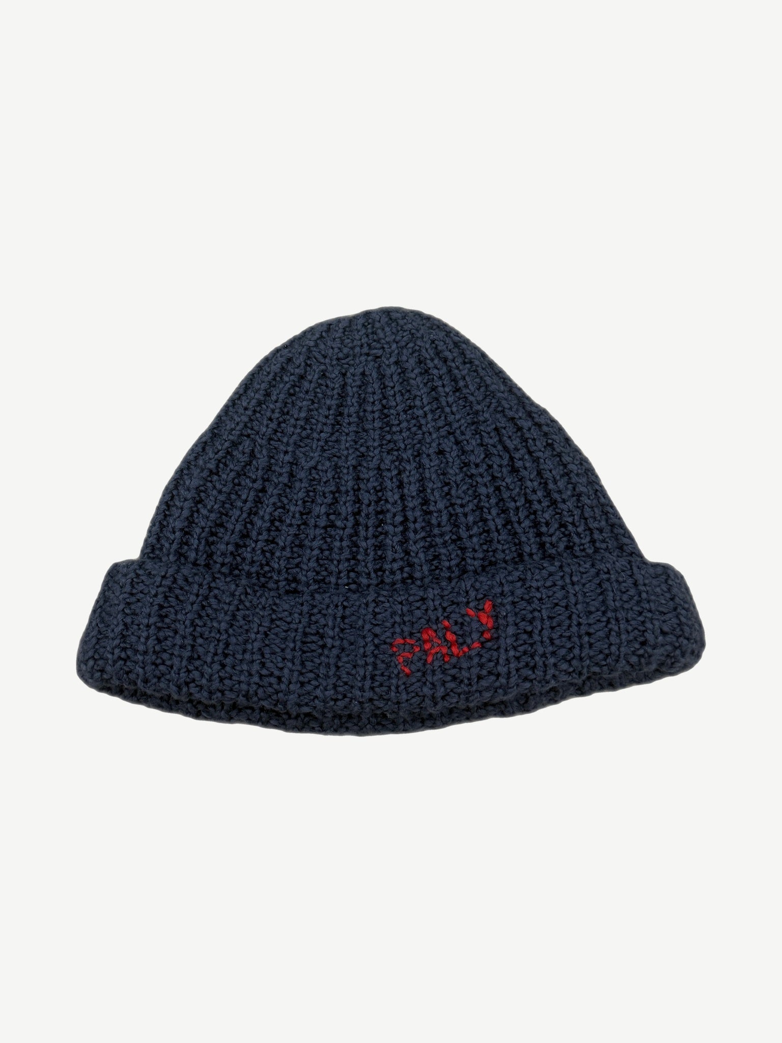 Paly Hollywood hand-knit beanie in royal blue chunky knit with embroidered Paly logo on folded cuff.
